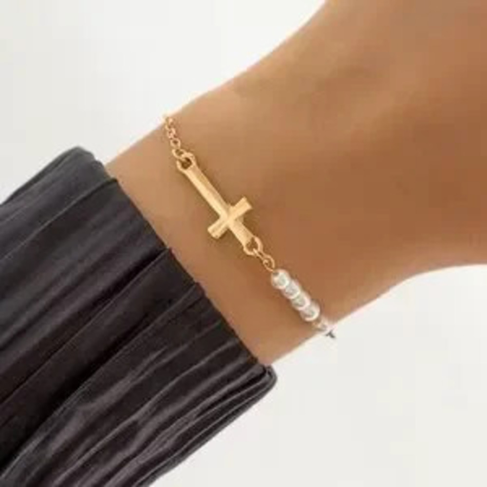 Gold Cross pearl Bracelet faith bracelet baptism